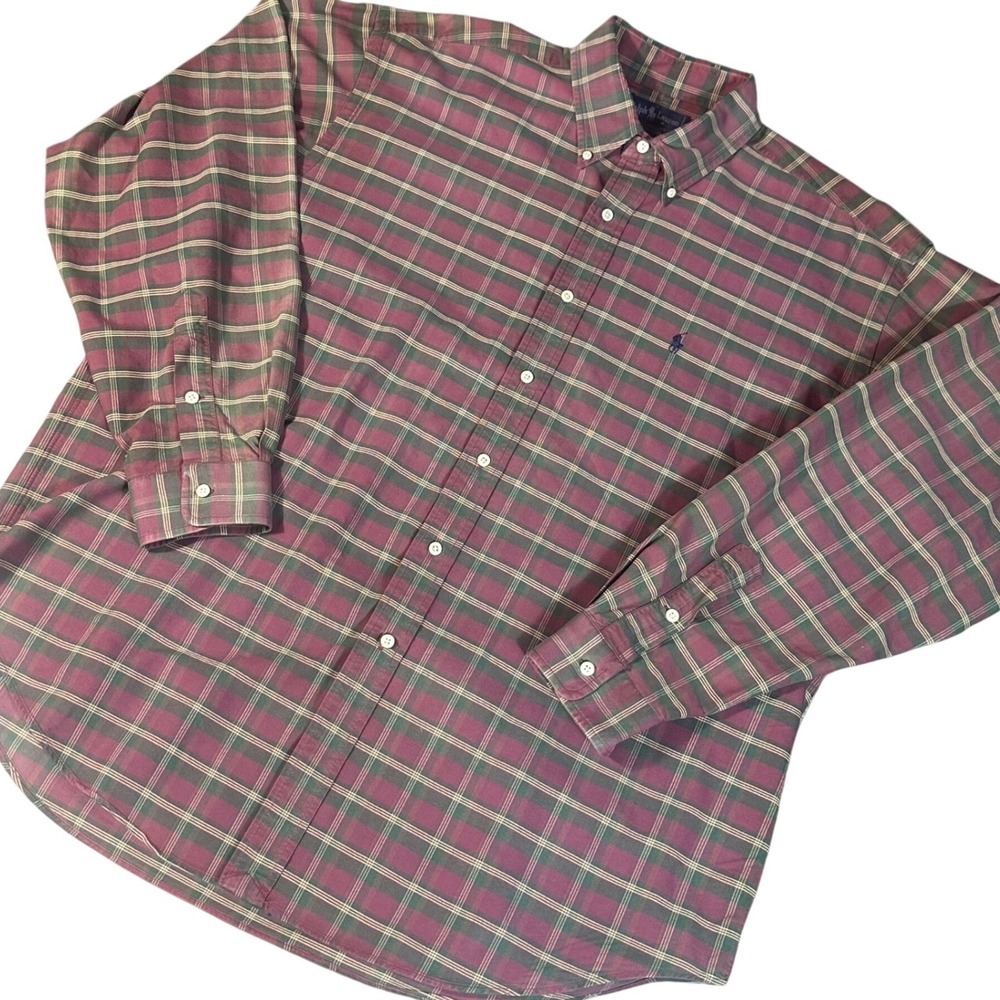 Ralph Lauren Button Down Shirt Mens XL Maroon Green Plaid‎ Long Sleeve Pony Logo